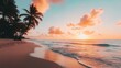 © 69 - Stunning sunset on a tropical beach, with palm trees silhouetted against the orange and pink sky, and the ocean waves gently rolling in