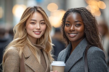 Poster - An Asian businesswoman and a woman from another company discuss business information outside their office building.
