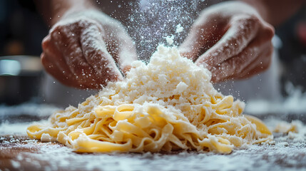 On a wooden table background, a chef cooks Italian pasta while adding parmesan cheese to the dish.