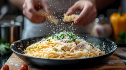 On a wooden table background, a chef cooks Italian pasta while adding parmesan cheese to the dish.