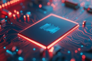 Poster - Circuit board closeup of a digital microprocessor. Main Central Processing Unit chip with data signal lines.