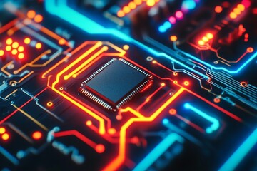 Poster - Microprocessor circuit board. Main Central Processing Unit electronic chip with data signal lane.