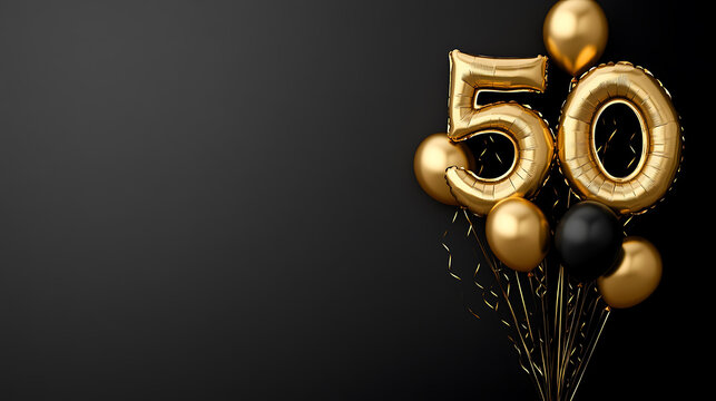 Banner with number 50 golden balloon with copy space