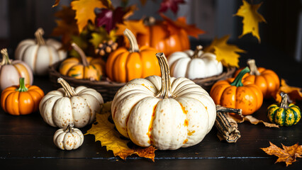 Canvas Print - white speckled pumpkin rests among autumn leaves