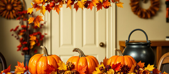 Sticker - table setting with three pumpkins autumn leaves