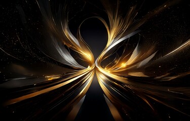 Poster - Abstract background of gold and silver abstract ribbons with glowing lights on black.
