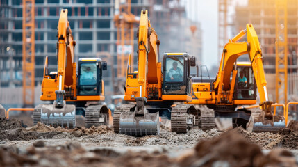 Excavators working on construction site, showcasing industrial machinery in action. scene captures essence of modern construction with vibrant orange equipment