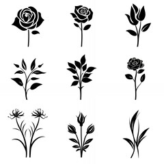 Sticker - A collection of nine black silhouette floral designs.