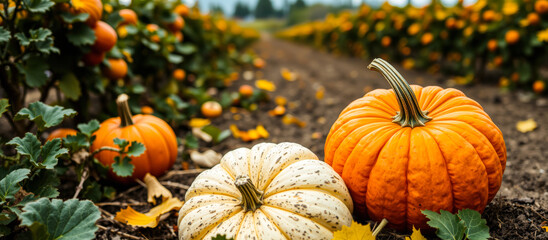 Wall Mural - three pumpkins rest a field green yellow leaves