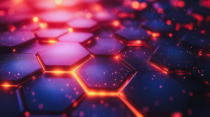 Poster - A close up of a blue and red hexagonal pattern with a lot of glowing lights. The image has a futuristic and technological vibe