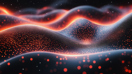 Poster - A black and orange landscape with a person in the foreground. The person is surrounded by a lot of dots, which gives the impression of a digital or computer-generated image