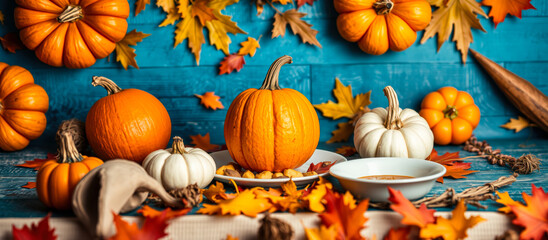 Canvas Print - fall still life featuring pumpkins leaves