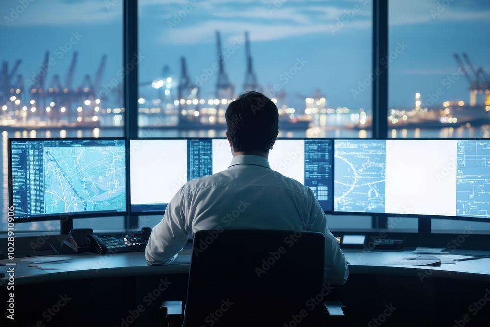 Maritime Officer Monitoring Ship Routes at Multi-Screen Console in Port ...