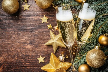 This composition celebrates the new year with champagne glasses, star-shaped decorations, and party blowers on a rich mahogany wood texture. Flat lay, top view. Copy space. Banner background.