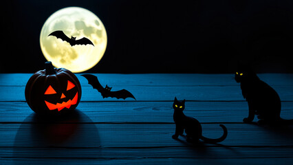 glowing jack-o'-lantern with black bats cats under a full moon