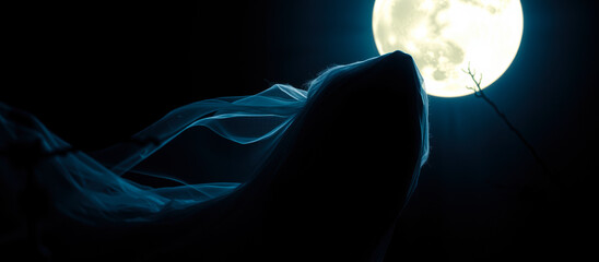 Poster - shadowy figure stands under the light the full moon