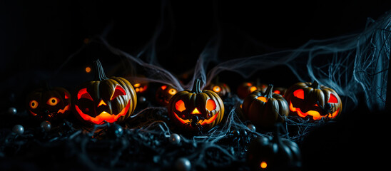 Poster - lit jack-o'-lanterns create a spooky halloween scene