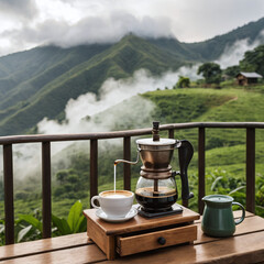 Mountain Drip coffee mill and maker in a forest setting Refreshing morning mist
