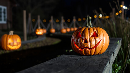 Sticker - lighted jack-o'-lantern rests on a rustic wooden surface