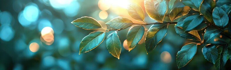 Wall Mural - Abstract nature banner with blurred reflection and green leaves on the sides, blurred background