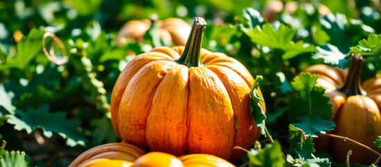 Wall Mural - ripe pumpkin amidst lush green foliage