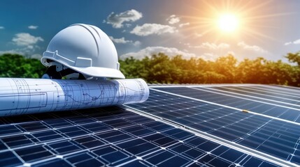 white helmet placed on solar panels with blueprints and graphs in the foreground, outdoor setting, s