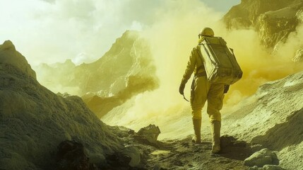 A lone explorer in a yellow protective suit walks through a desolate, rocky landscape with plumes of yellow smoke rising in the background.