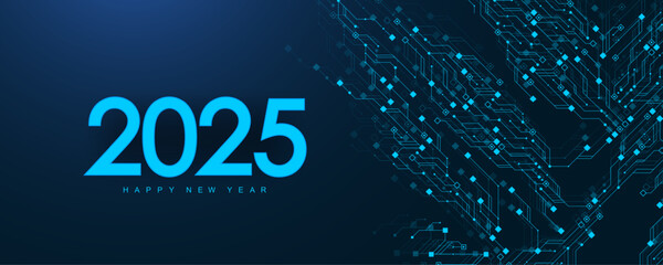 Fototapete - Digital technology abstract poster template 2025 with circuit board texture. Tech digital banner or header 2025 New year