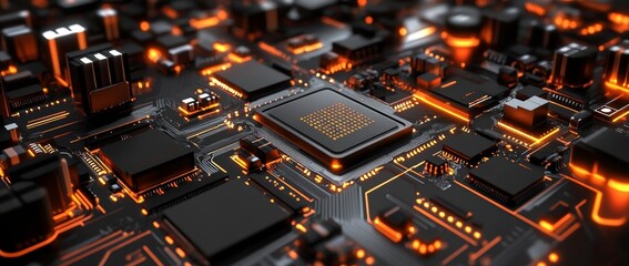 Poster - Isolated, top-down view of hypermodern AI computer processor chip. Close-up macro shot, clear visual.