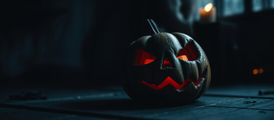 Canvas Print - glowing carved pumpkin with a menacing grin