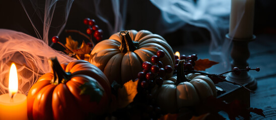 Poster - rustic autumnal still life with pumpkins candles