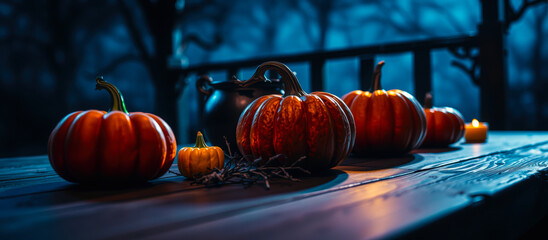 Poster - pumpkins resting on a table under a dark sky