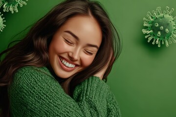 On a green background, a happy young woman is holding a virus. Strong immunity is a concept.