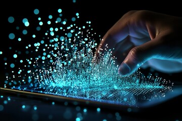 Fototapete - The implementation of big data technology and data science. The analysis and visualization of complex data sets on virtual screens by data scientists. Data flow concept. Business analytics. Finance.