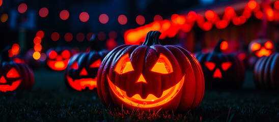 Sticker - lighted jack-o'-lantern sits on grass