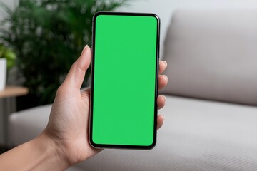 Aufkleber - Mockup of a young woman using a green screen smartphone at home, seated on a sofa in the living room