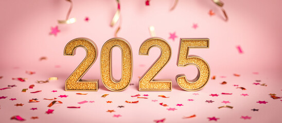 Sticker - gold 2025 digits with confetti on a pink background