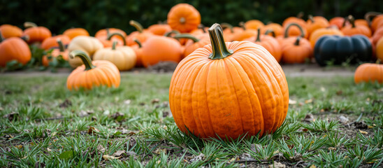 Poster - single pumpkin rests a field grass