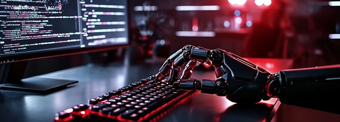 Fototapete - Automated program coding using AI or generative stocks. A collaborative effort between robotic hands and human software developers. Trailblazing.