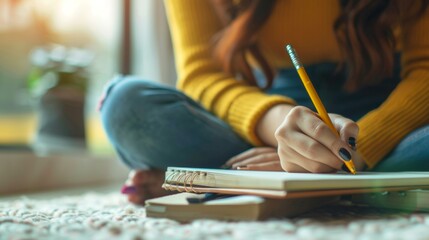 Sticker - A woman in a yellow shirt and blue jeans sits writing in a notebook surrounded by books and a plant, creating a cozy and studious vibe with natural light.