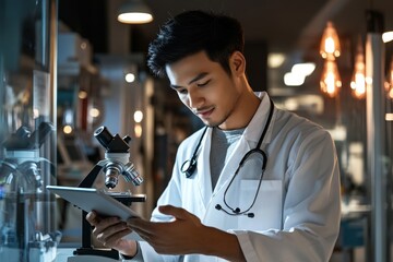 Poster - In this scene, a scientist stands with a tablet, analyzing data, and reading microscope results. A doctor, medical expert, or national health expert is reviewing digital technology, software for
