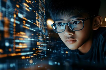 Leinwandbilder - Coder programmer, investor and employee with data analysis, server or investment with website information. Hologram and trading for cyber security.