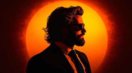 A confident man stands tall in a striking silhouette against a bright sun backdrop, exuding pride and strength in a professional black suit and sunglasses.