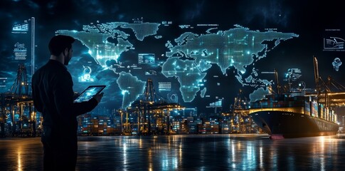 Poster - To improve the economy, businessmen monitor logistics networks using stock technology to manage localization and identification data.
