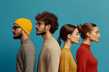 Diverse young adults dressed casually in winter clothing against a blue background