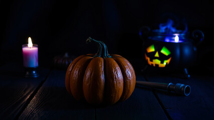 Poster - single pumpkin with a glowing green-faced lantern the background