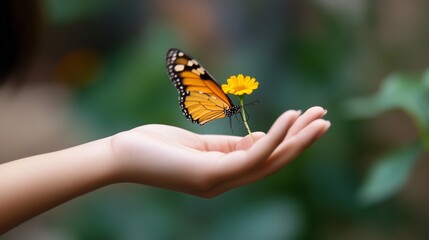 Wall Mural - A delicate butterfly perched on a hand holding a yellow flower in a lush garden setting