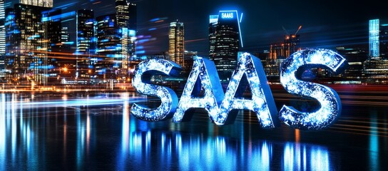 Poster - During the night, city lights are blurred as a result of SaaS, software as a service