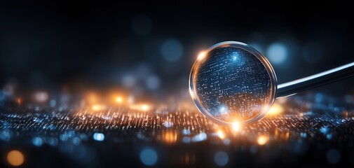 Poster - Magnifying glass revealing glowing data particles on a dark background.