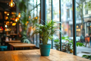 Wall Mural - A Green Plant in a Blue Pot on a Wooden Table by a Window